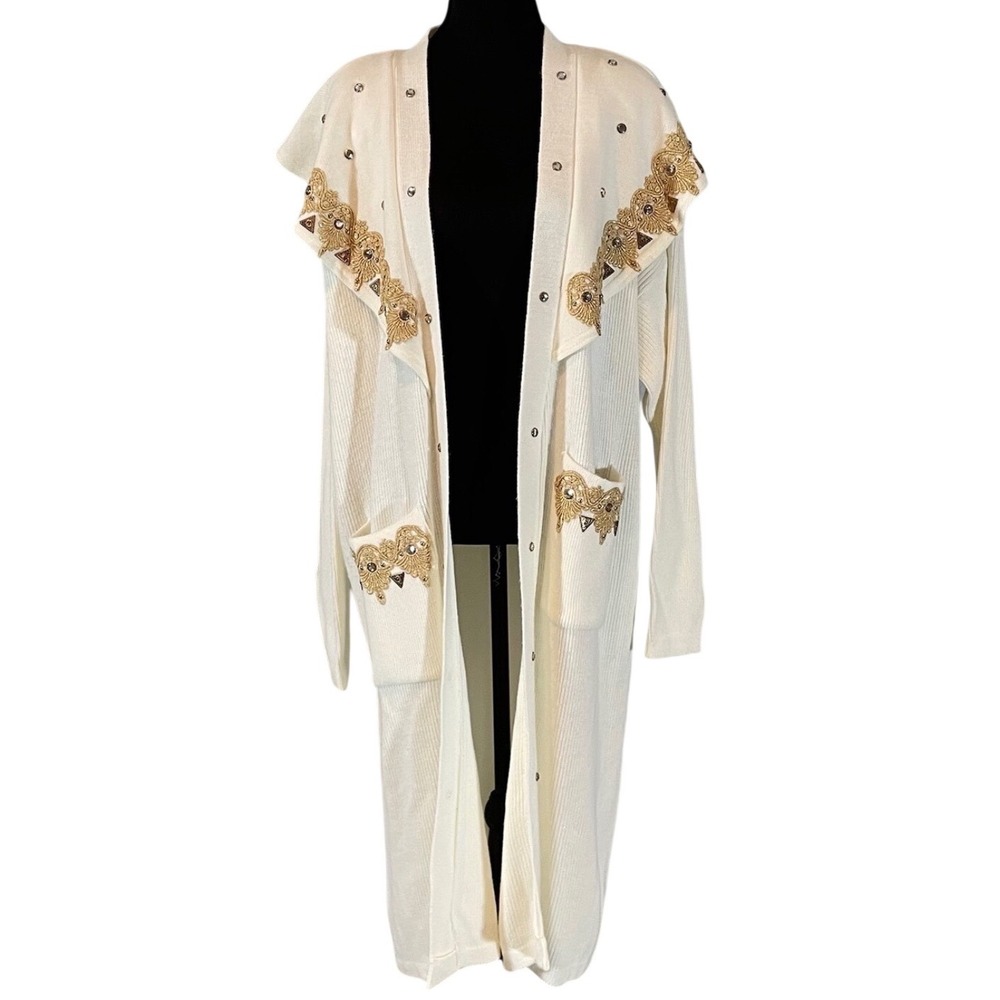 Focus USA Vintage Longline Cardigan Cream Gold Embroidered Rhinestone Duster OS